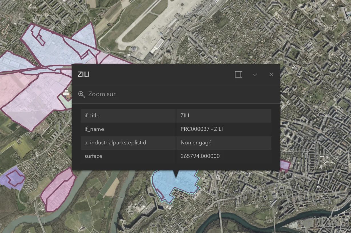 Interface du guichet cartographique : carte des zones industrielles avec périmètres et fiche d'information